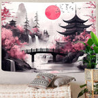 Japanese Anime tapestry, Cool Japan Cherry Blossom Floral Mountain Waterfall Sun Asian Oriental Abstract Ink Art tapestry, Black Pink Nature Landscape Tapestries for Living Room College Dorm, 80X60IN