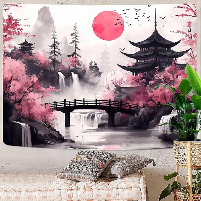Japanese Anime tapestry, Cool Japan Cherry Blossom Floral Mountain Waterfall Sun Asian Oriental Abstract Ink Art tapestry, Black Pink Nature Landscape Tapestries for Living Room College Dorm, 60X40IN