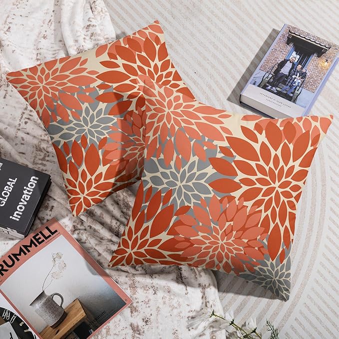Orange Grey Gray Pillow Covers 18X18 Inch Set of 2, Fall Colored Modern Geometry Dahlia Floral Print Decorative Throw Pillow Covers Outdoor Farmhouse Cushion Case for Couch Sofa Bed Decor