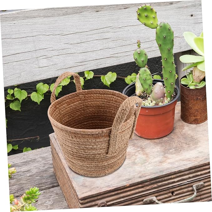 1Pcs Woven Seagrass Plant Basket with Handles Natural Round Storage Basket for Indoor Plants Versatile Home Decor Rattan Flower Pot Nordic Design