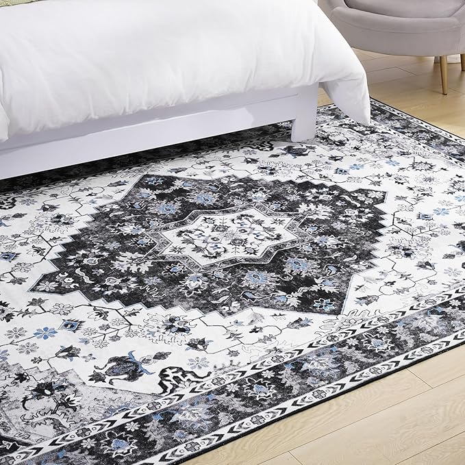 Amearea Vintage Design Area Rugs for Living Room, 6x9 Machine Washable Floral Collection Traditional Bedroom Rug, Low Pile Cute Kids Room Print Carpet, No Slip Office Kitchen Home Decor, Black