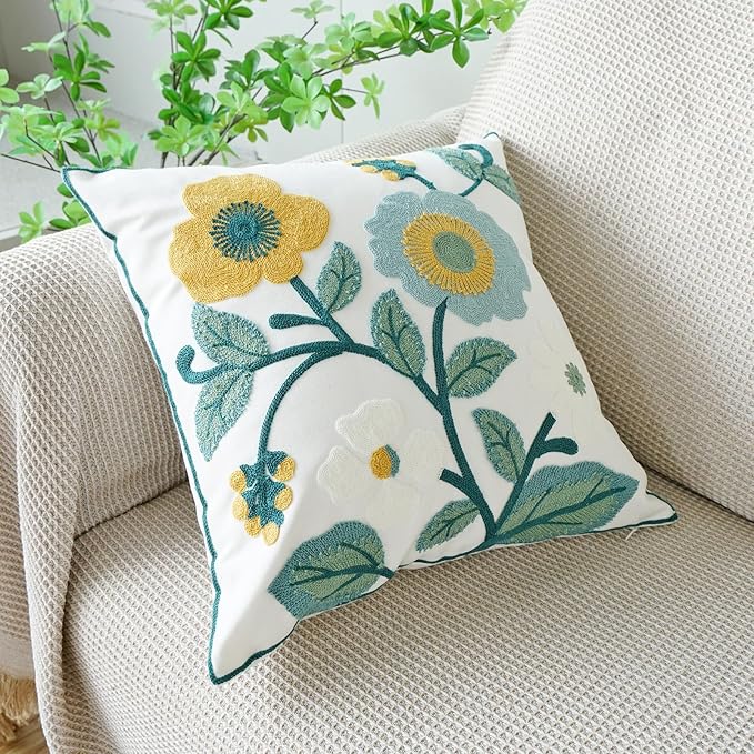 vctops Floral Embroidered Pillow Covers 18x18 Inch Spring Summer Cotton Tufted Throw Pillow Cover Outdoor Garden Cushion Case for Sofa, Bed, Living Room (Flower H,18"x18")