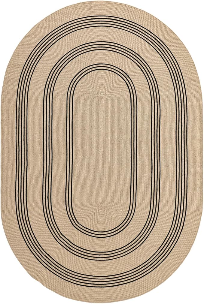 DEXI Jute Area Rug Natural Fiber 6x9 Oval, Woven Braided Durable Farmhouse Design Rugs for Living Room, Bedroom Dinning Room Office Outdoor Patio, Beige/Black