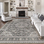 8x10 Washable Vintage Area Rug Black Grey Living Room Bedroom Carpet Non-Slip Soft Low Pile Distressed Indoor Large Throw Rug for Dining Room Office