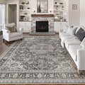 9x12 Vintage Area Rug Black Grey Living Room Bedroom Washable Carpet Non-Slip Soft Low Pile Distressed Indoor Large Throw Rug for Dining Room Office