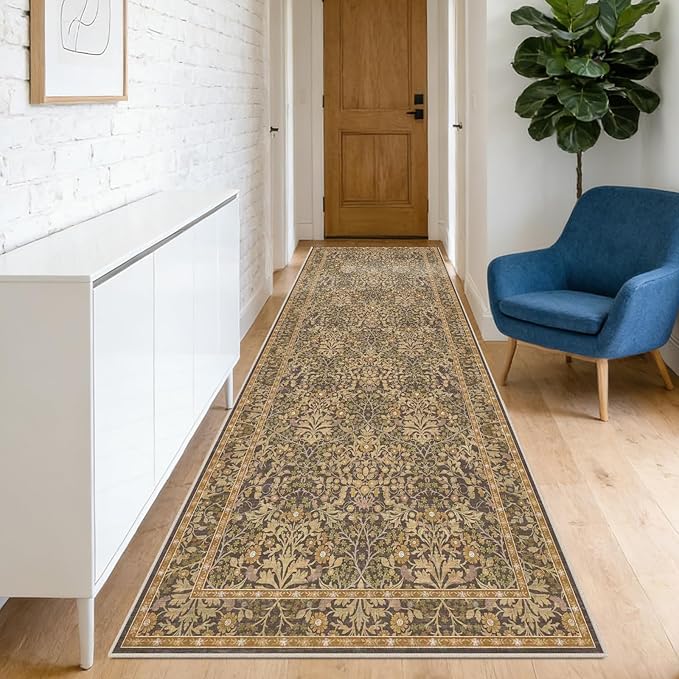 Washable 2'6" x 10' Runners for Hallways, Non Slip Long Floor Runner for Kitchen, Entryway Indoor, Stain Resistant Rubber Backing Floral Decor Rug (Goldenrod)