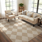 Beeiva Checkered Print Living Room Rugs 8x10, Moroccan Beige Washable Area Rug 8X 10 Non Slip Soft Bedroom Carpet, Geometric Plaid Aesthetic Decor Ultra Thin Large Carpet for Dining Room Office