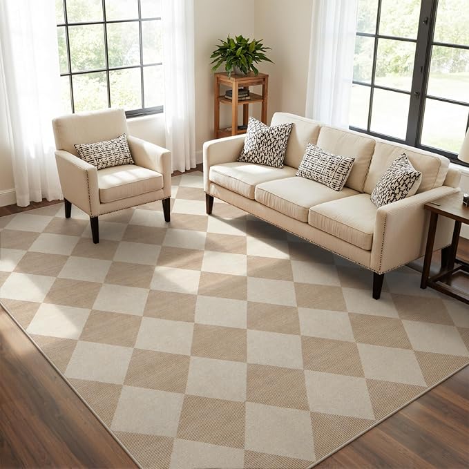 Beeiva Checkered Print Living Room Rugs 8x10, Moroccan Beige Washable Area Rug 8X 10 Non Slip Soft Bedroom Carpet, Geometric Plaid Aesthetic Decor Ultra Thin Large Carpet for Dining Room Office