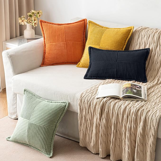 MIULEE Decorative Throw Pillow Covers for Couch Bed Livingroom 16x16 Inch Set of 2 Black Boho Accent Throw Pllows Broadside Striped Patchwork Soft Corduroy Pillowcases