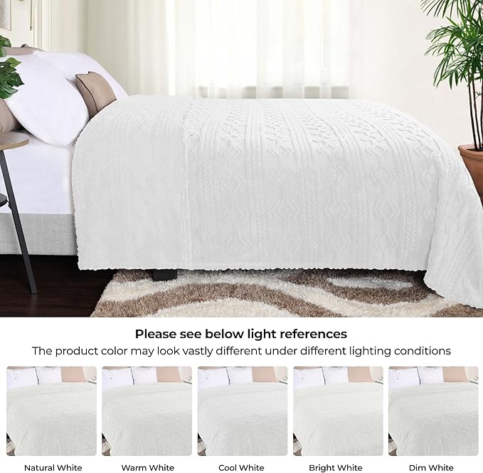 Superior Fleece Boho Jacquard Blanket, Decorative Blankets for Bedroom, Sofa, Fuzzy, Plush, Fluffy, Soft, Cute Room Decor, Beautiful Cover, Comfort Essentials, Arctic Collection, Full/Queen, White