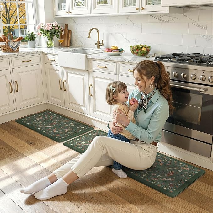 LEEVAN Anti Fatigue Mats for Kitchen Floor Non-Slip, Cushioned Kitchen Mats for Floor 2 Piece, Green Memory Foam Kitchen Mat Set, Waterproof Ergonomic Standing Mat for Bar, Office,Desk, Laundry
