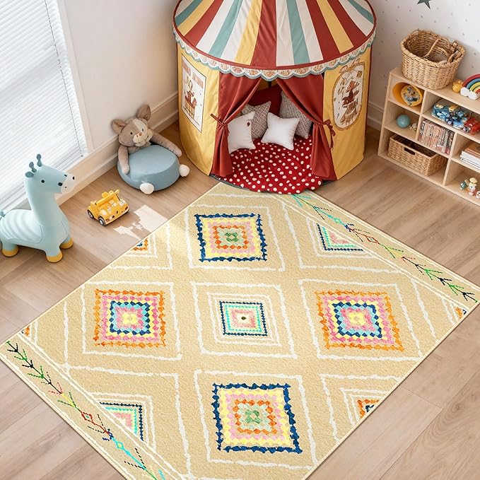 Area Rug 8x10 Rug Machine Washable Non-Slip Low Pile Print Pattern Western Rug for Living Room Bedroom Entryway Tribal Series -Cream/Beige