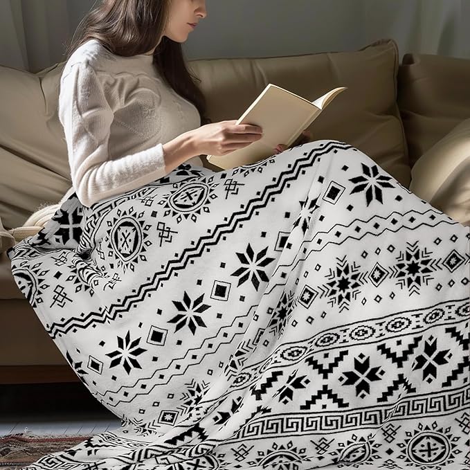 MACEVIA Flannel Boho Blanket for Couch, Country Western Aztec Printed Throw with Tassel, Soft Cozy Bohemian Blanket for Home Decor (Black and White, 50x60inches)