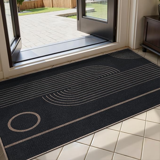 Tangsoo Easy Jute Rug 2x4 Small Rugs for Entryway,Washable Thin Outdoor Door Mat,Black Round Rainbow Non-Slip Indoor Floor Small Throw Carpet for Entrance Kitchen Hallway Bedroom Front Porch