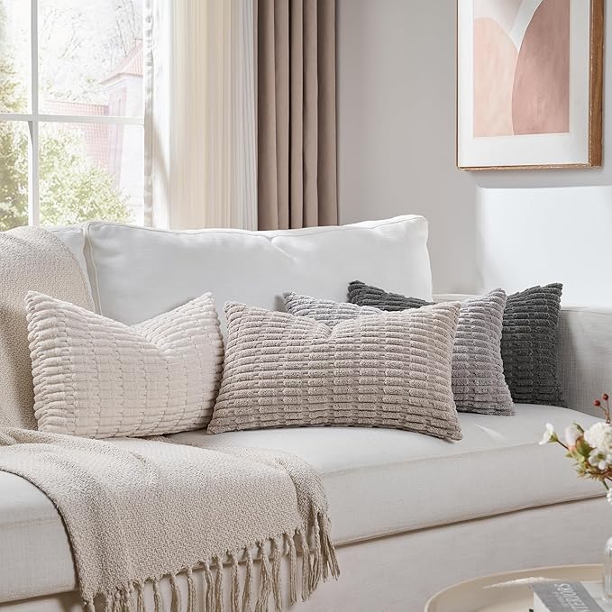 Fancy Homi Set of 4 Grey and White Lumbar Rectangle Decorative Throw Pillow Covers 12x20 Inch for Couch Bed Chair, Farmhouse Boho Room Decor, Soft Fuzzy Corduroy Textured Striped Cushion Case 30x50cm
