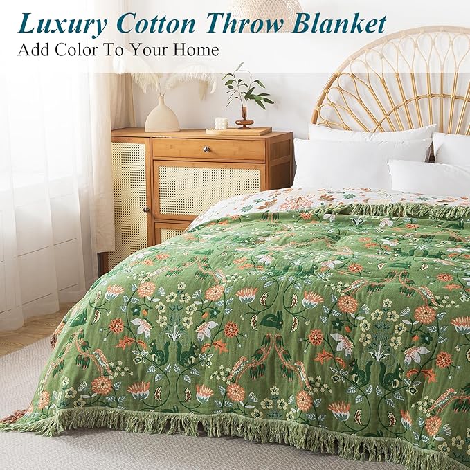 Boho Throw Blanket for Bed-100% Cotton Soft Breathable Farmhouse Decor Boho Quilt for Sofa (Bright Green, 60"x80")