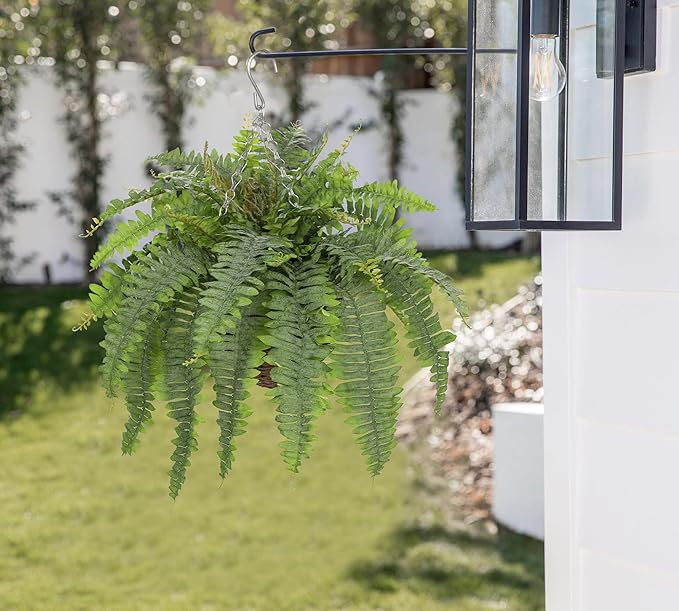 Hollyone 25" Artificial Boston Fern Hanging Basket 31 Leaves Fake Ferns in Rattan Pot Medium Greenery Plants for Outdoors & Indoor Faux Fern Bush Basket Plant Patio Garden Home Decor Dusty Green