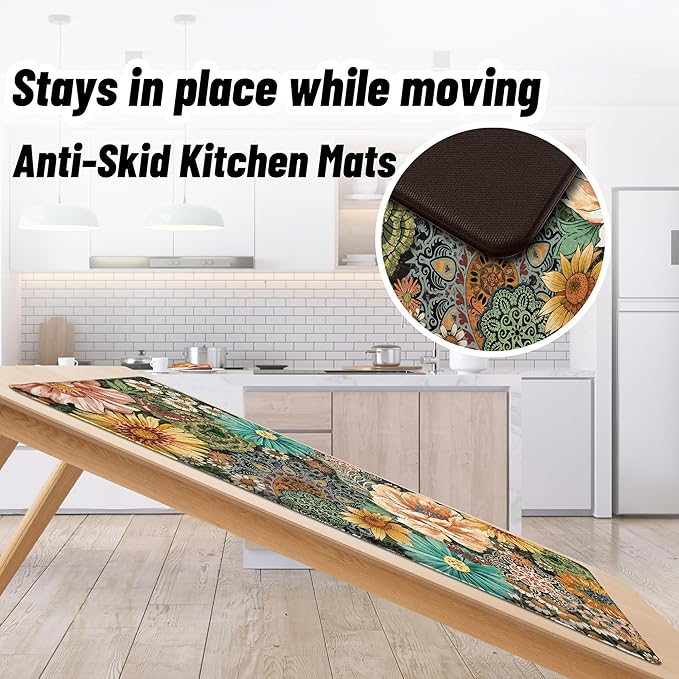 Boho Floral Kitchen Mats for Floor 2PCS Anti Fatigue Mats for Kitchen Floor Cushioned Non Slip Waterproof Memory Foam PVC Kitchen Rugs Set for Sink,Office,Laundry 17.3"x28"+17.3"x47"