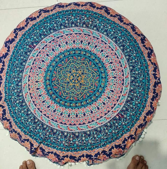 INDIAN CRAFT CASTLE ICC Large Hippie Mandala Floor Pillow Cover - Cushion Cover - Pouf Cover Round Bohemian Yoga Decor Floor Cushion Case- 32" Brown