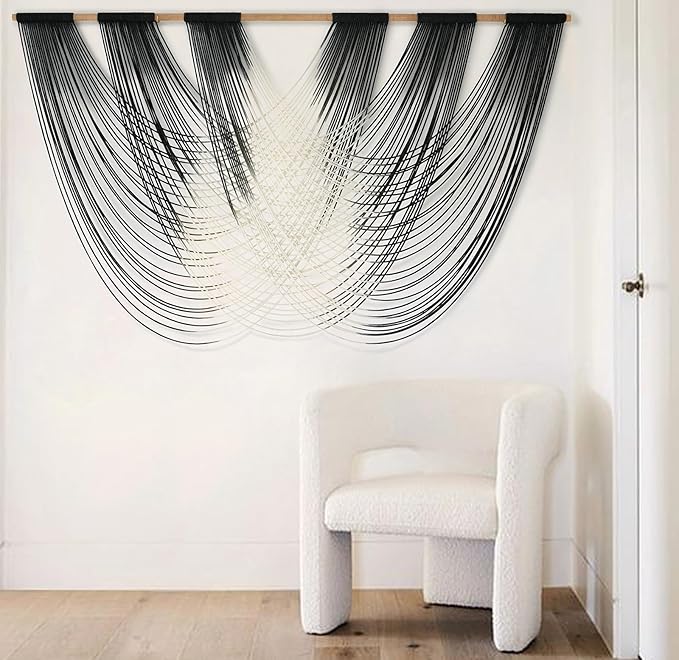 Jakalin Macrame Wall Hanging Black And White Dip Dyed Large Fiber Wall Art Macrame Wall Decor Boho Bedroom Living Room Wall Decor,59" W x 33" L