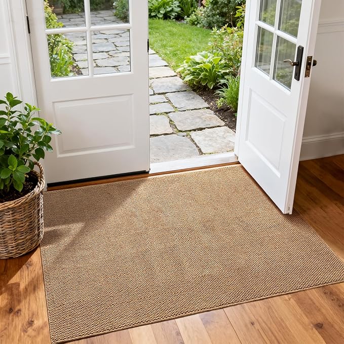 Softlife Faux Jute Washable Area Rug for Front Door Entryway, 3x5 Indoor Non Slip Small Mat for Kictchen Entry Bathroom, Small Solid Boho Natural Rugs for Inside Entrance Hallway, Brown