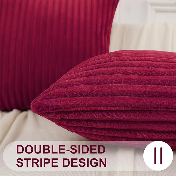 Simmore Decorative Throw Pillow Covers 20x20 Set of 2, Soft Natural Plush Flannel Double-Sided Fluffy Couch Pillow Covers for Sofa Living Room, Burgundy