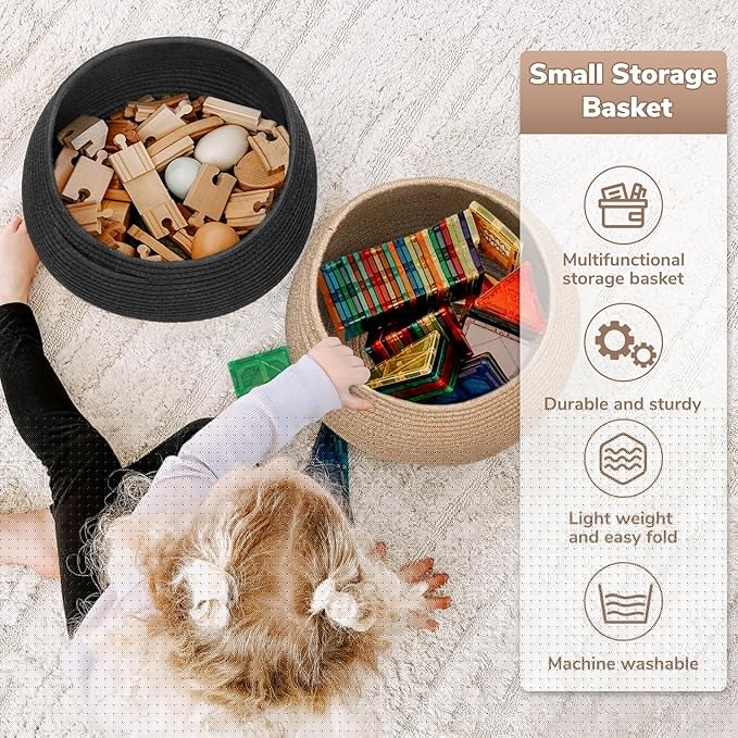 Goodpick Small Rope Storage Basket, Black Round Baskets for Socks, Dog Toys, Towels, Cute Baby Basket for Living Room, Bedroom, Nursery, Towel Baskets for Bathroom, 10 x 8.3 inches