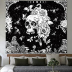 Black and White Gothic Tapestry for Bedroom Aesthetic, Skeleton Goth Witchy Tapestries Wall Hanging, Skull Floral Poster Backdrop for Living Gaming Room Dorm Decor 51in X 60in