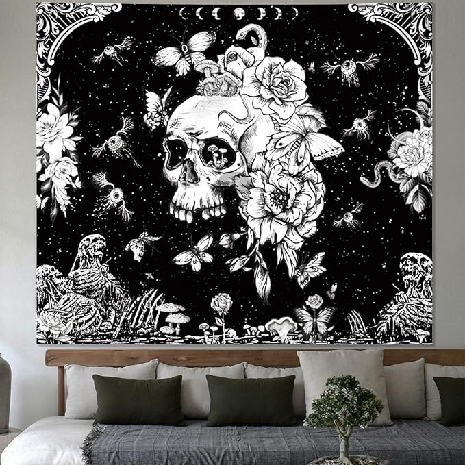 Black and White Gothic Tapestry for Bedroom Aesthetic, Skeleton Goth Witchy Tapestries Wall Hanging, Skull Floral Poster Backdrop for Living Gaming Room Dorm Decor 51in X 60in