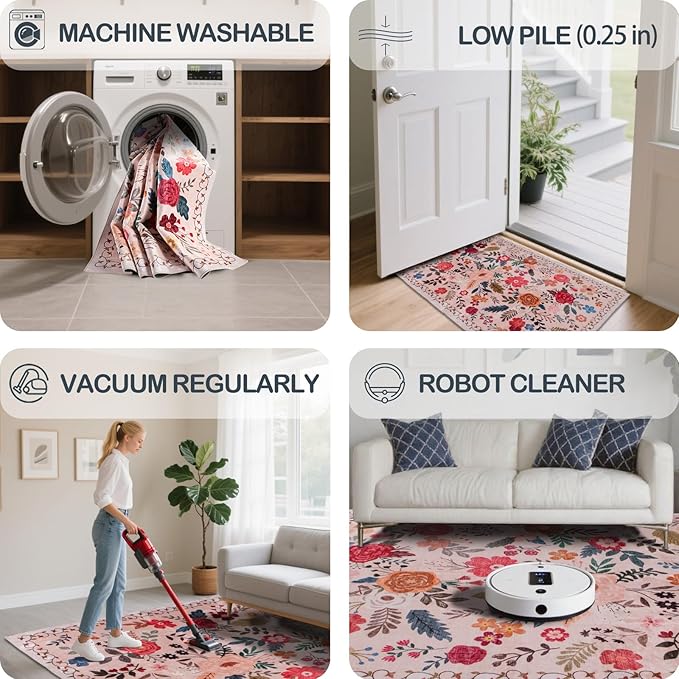 Extra Large 10x14 Area Rug for Living Room, Washable Rugs for Dining Room, Bedroom, Non Slip Stain Resistant Carpet, Low Pile Vintage Floral Rug (Beige Red)
