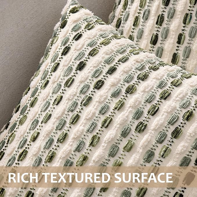 ANRODUO Boho Chenille Textured Tufted Pillow Covers 18x18 Inch Set of 2 Woven Decorative Throw Pillow Covers with Raised Stripes Accent Neutral Pillowcase for Couch Sofa Bed Living Room, Cream Olive