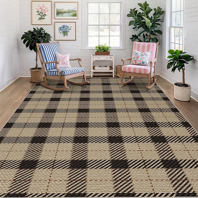 Jute Rug 6x9 for Living Room, Washable Black and Brown Rug for Dining Room, Indoor Outdoor Geometric Non Slip Vintage Farmhouse Carpet, Classic Beige Plaid Décor
