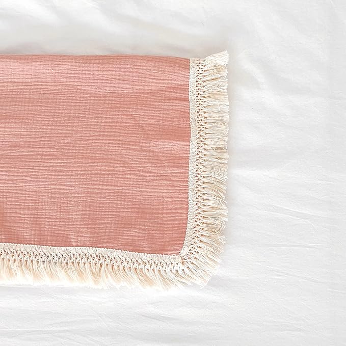 Muslin Cotton Baby Receiving Blanket with Fringe, Boho Bohemian Tassels, Nursery Decor, Boy or Girl Unisex Swaddle Wrap, Use as Throw or Nursing Fringed Blankets (Blush)
