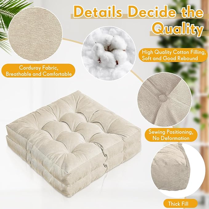 Jerify Floor Pillow Cushions Large Round Square Large Meditation Floor Pillow for Classroom Adult Meditation Picnic Party Seating Learning Daycare School(Square,Beige,4 Pcs)