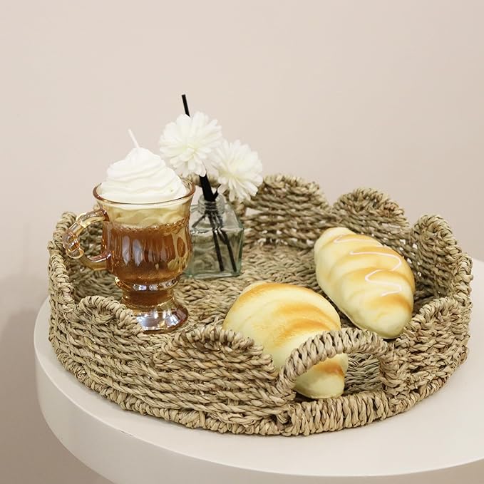 GYASVWU Seagrass Scalloped Tray with Handles,Round Rattan Serving Trays for Coffee Table,Woven Tray for Ottoman Decorative and Organizer Trays (Seagrass)