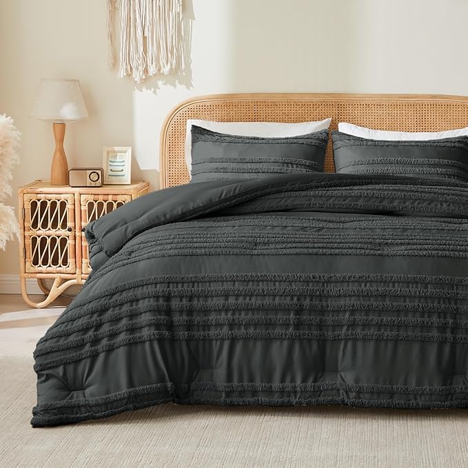 BEDELITE Boho King Size Comforter Set - Dark Grey Tufted Striped Bed Set 3 Pieces, Soft Vintage Farmhouse Comforter for All Seasons, Boho Home Decor,Fluffy Jacquard Bedding with Pillow Sham
