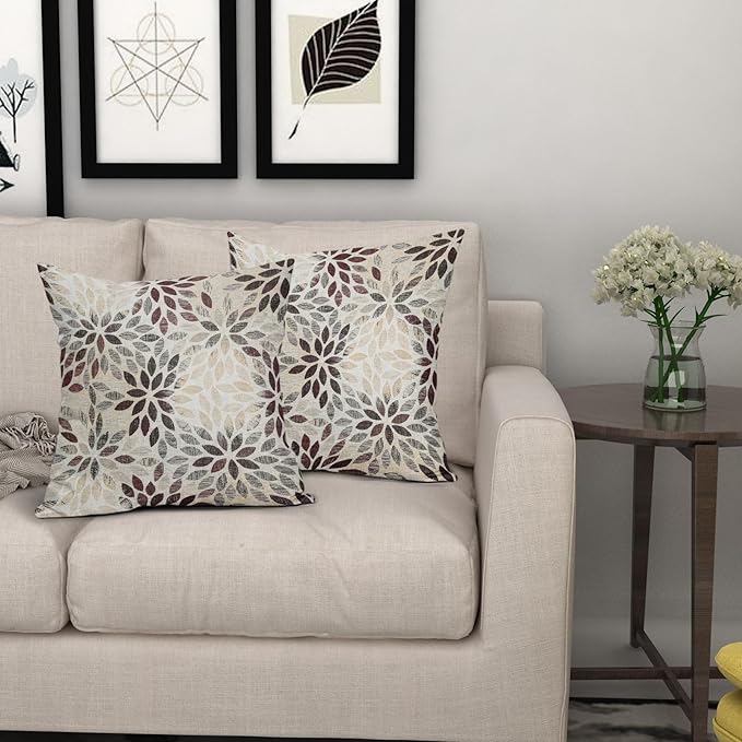 Burgundy Red Dahlia Throw Pillow Covers 16x16 Inch Rustic Rust Geometric Flower Decorative Square Pillow Cases Beige Tan Gray Floral Cushion Covers Farmhouse Home Decor For Sofa Couch Outdoor Set of 2