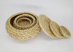 Set of 3 Round Handmade Seagrass Woven Basket with Lid – Handwoven Natural Box Storage for Accessories, Candy, Home Decor, Plant Pot, Vintage Jar Bathroom Kitchen - Elegant Design Bin (Style 4)