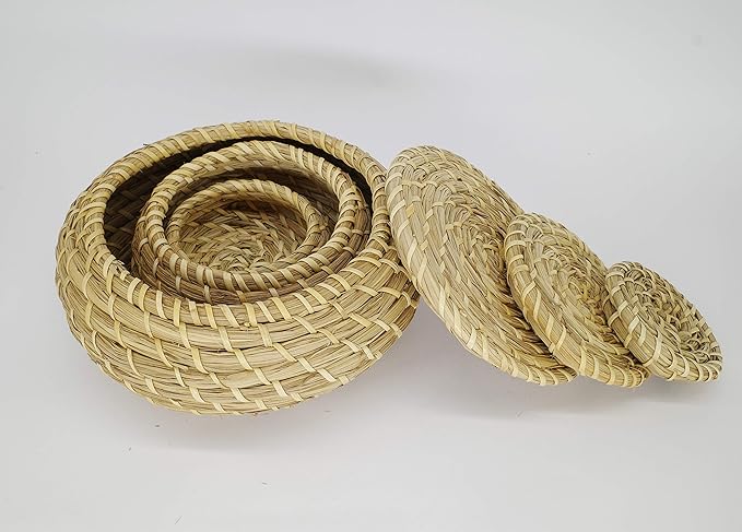 Set of 3 Round Handmade Seagrass Woven Basket with Lid – Handwoven Natural Box Storage for Accessories, Candy, Home Decor, Plant Pot, Vintage Jar Bathroom Kitchen - Elegant Design Bin (Style 4)