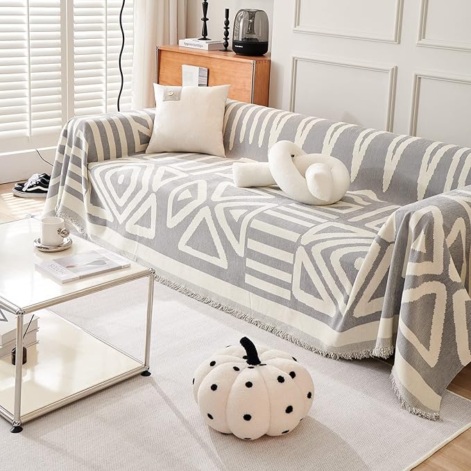 ROOMLIFE Grey Boho Couch Cover for 3 Cushion Couch L Shape Sofa Covers for Sectional Sofa Reversible Silpcover for Dogs Washable Chenille Furniture Protector for Living Room, 71"x150"