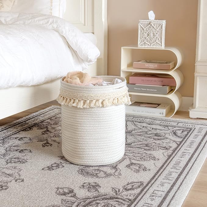 Mkono Macrame Decorative Cotton Rope Basket Boho Nursery Decor Small Cute Woven Tassel Closet Storage Bins Organizer for Baby Toys,Magazines, Potted Plants Cover,Living Room,Bedroom, 15.7"x19.6"