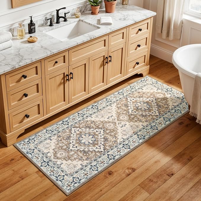 Lessymo 2 x 5 Runner Rug, Machine Washable Area Rugs Boho Faux Wool Low Pile Area Rug for Bedroom, Floral Medallion Vintage Rugs with Non-Slip Rubber, Brown Beige