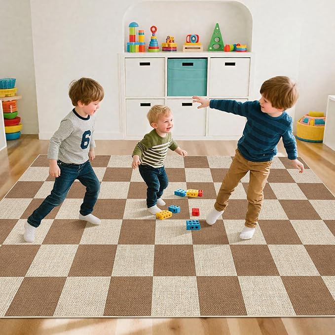 GarveeHome Checkered Easy Jute 5x7 Area Rugs for Living Room Machine Washable Non-Slip Backing Stain Resistant Modern Indoor Outdoor Rugs for Farmhouse Dining Room Patio Brown