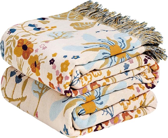 Boho Throw Blanket - 100% Cotton Throw Blankets for Bed Couch, 50"x60" Soft Muslin Lightweight Spring Throw Blanket, Cozy Floral Butterfly Printed Bohemain Bedding Decor Beige Throw Quilt