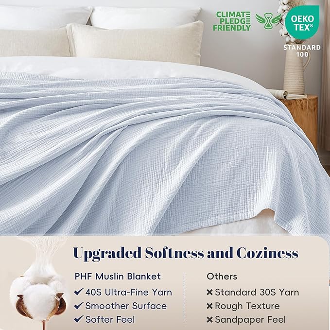 PHF 100% Cotton Muslin Blanket King Size 108"x90", 4-Layer Lightweight Gauze Throw, Breathable Cloud-Soft Minimalist Blanket for Bed, Couch, Camping & Baby, Ancient Water, Ideal Gift