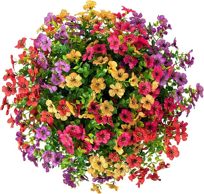 HyeFlora Artificial Faux Hanging Plants Flowers Basket for Summer Outdoor Outside Decoration, Fake Silk UV Sun Resistant Look Real Colorful Daisy Eucalyptus for Porch Home Patio Balcony Yard