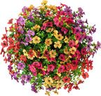 HyeFlora Artificial Faux Hanging Plants Flowers Basket for Summer Outdoor Outside Decoration, Fake Silk UV Sun Resistant Look Real Colorful Daisy Eucalyptus for Porch Home Patio Balcony Yard