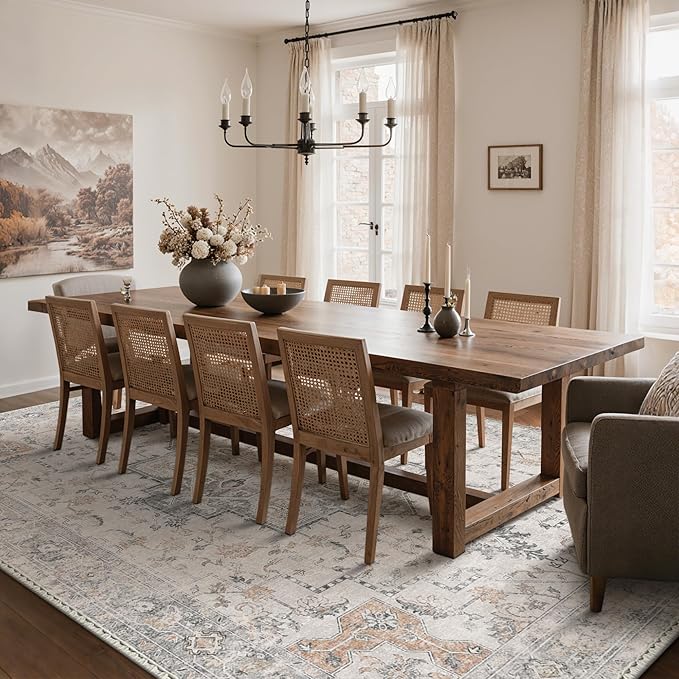 GENIMO 9x12 Area Rugs for Living Room, Non Slip Machine Washable Vintage Rugs, Low Pile Lightweight Chenille Print Large Rug for Bedroom, Dining Room, Home Office, Light Taupe Brown
