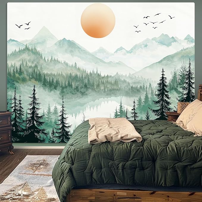 Accnicc Misty Forest Mountain Tapestry Sage Green Nature Pine Tree Wall Tapestry for Bedroom Aesthetic Watercolor Woods Lake Large Tapestries Wall Hanging for Living Room Dorm Decor 80 x 60 Inch