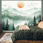 Accnicc Misty Forest Mountain Tapestry Sage Green Nature Pine Tree Wall Tapestry for Bedroom Aesthetic Watercolor Woods Lake Large Tapestries Wall Hanging for Living Room Dorm Decor 80 x 60 Inch